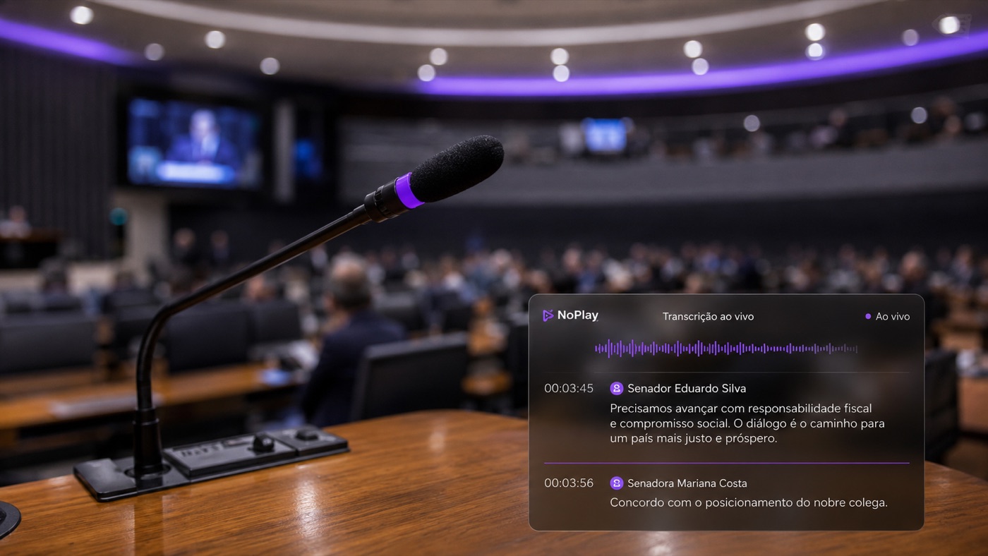 Microfone de plenário com card de transcrição ao vivo do NoPlay